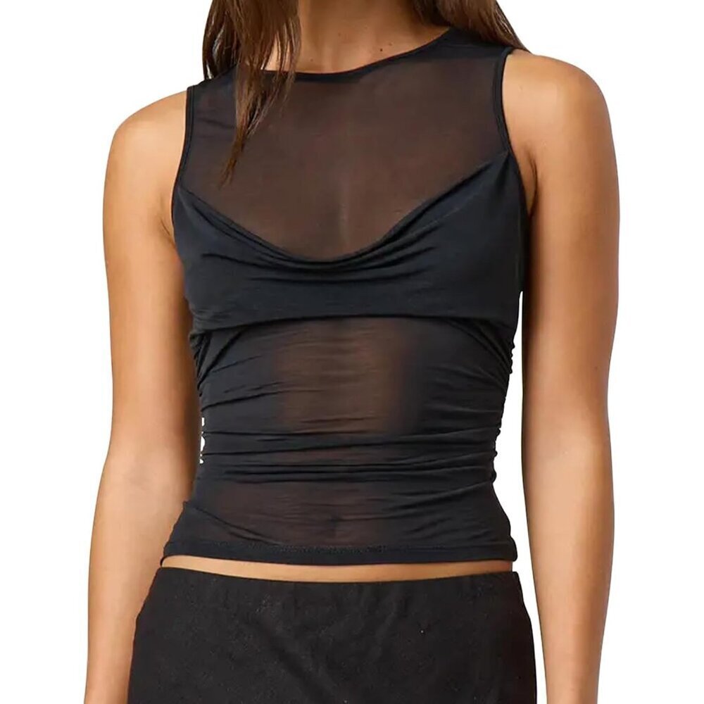Women Sheer Mesh Tank Top Large See Through Ruched Sleeveless Crop Top